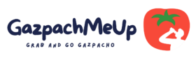 GazpachMeUp text with logo of tomato and the white silhouette of a man drinking from a bottle