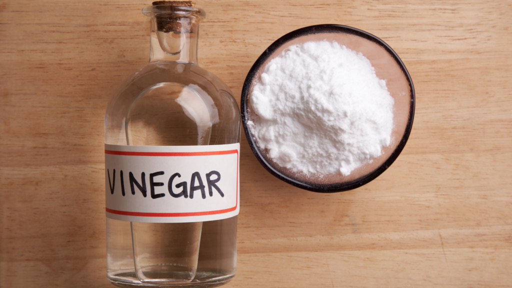 A glass jar with vinegar on a label sitting next to a pinch pot with a white powder in it.