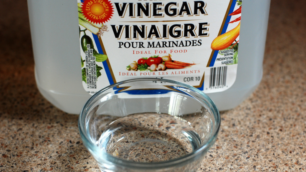 A plastic jug of the classic distilled white vinegar that states it is ideal for food. There is a small glass pinch pot dish in front of it.